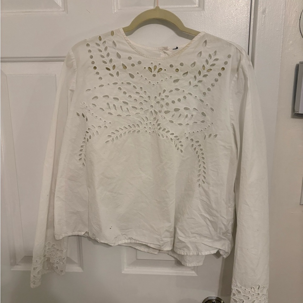 Zara White Cropped Embellished Long Sleeve Blouse